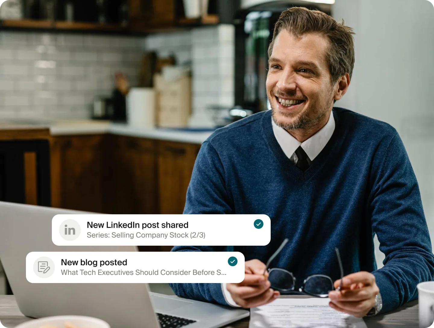 An advisor smiling in conversation, with notifications showing a new LinkedIn post shared and a new blog post published.