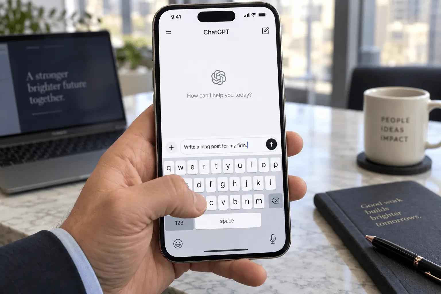 A hand holding a phone with ChatGPT open, typing the prompt "Write a blog post for my firm."